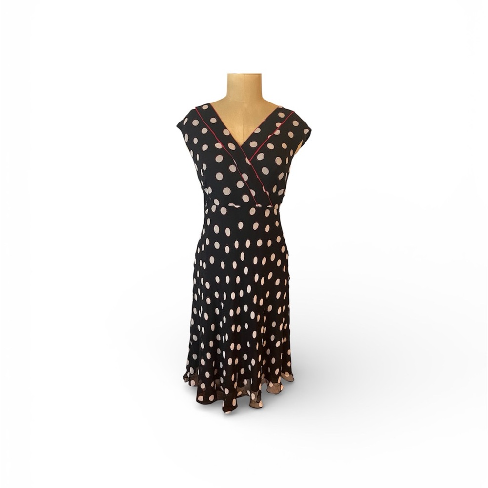Elegant Adrianna Papelli Black and White Polka Dot Silk Dress